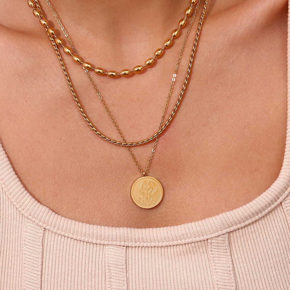 No.37 Stainless Steel 18K Gold Plated Oval Beaded Necklaces