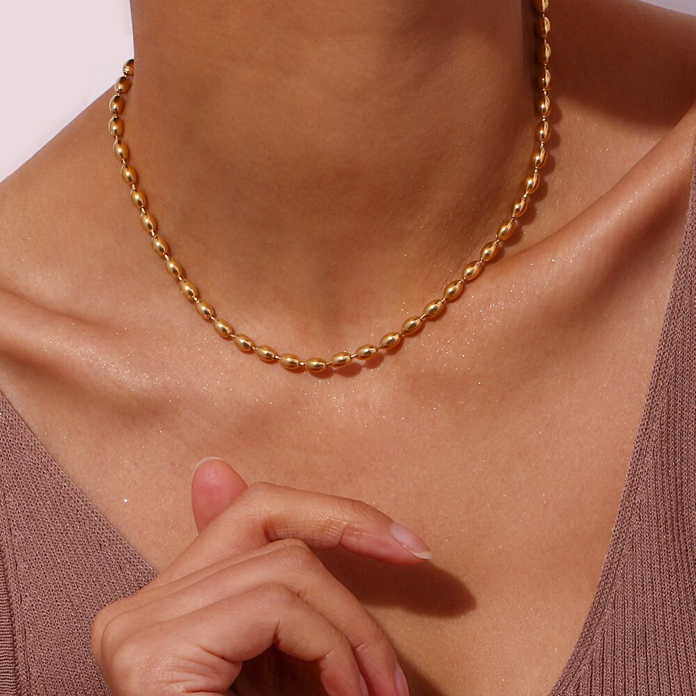 No.37 Stainless Steel 18K Gold Plated Oval Beaded Necklaces