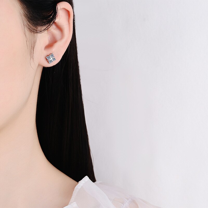 No.16[Square] Real Moissanite Earrings with 925 Sterling Silver